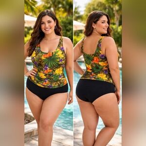beach cabana tropical floral one piece swimsuit 2x ruched tummy control plus